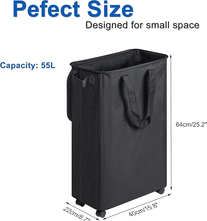Slim Laundry Hamper with Lid and Wheels, Small Rolling Laundry Basket with Handle for Small Spaces, Tall Dirty Clothes Hampers for Dorm, Bathroom and Bedroom, 55L, Black