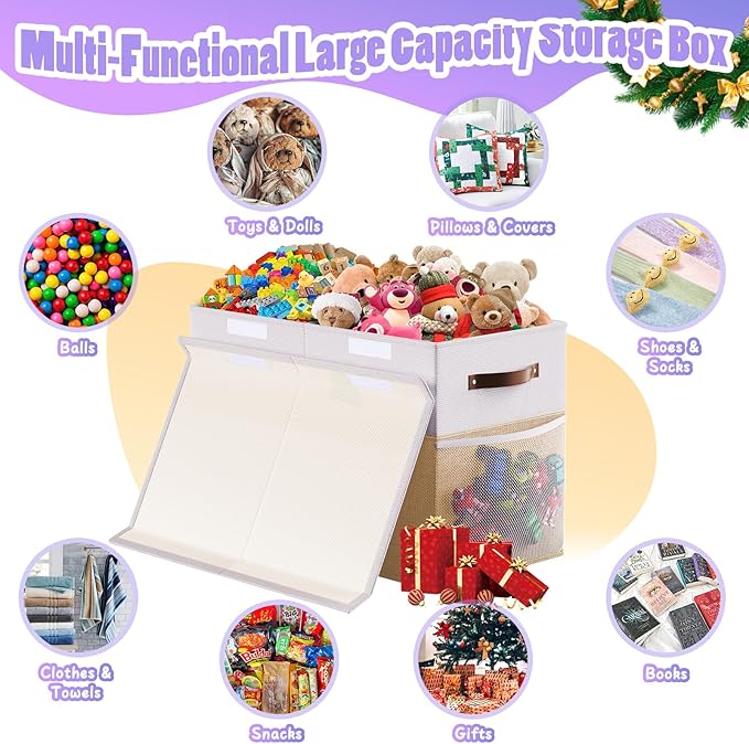 Large Toy Storage Box with Lid Divider, Sturdy Collapsible Toys Organizer Chest Kids Storage Bins Boxes Baskets for Boys, Girls, Nursery, Bedroom, Living Room, Playroom, 25"x13"x16", Beige and White