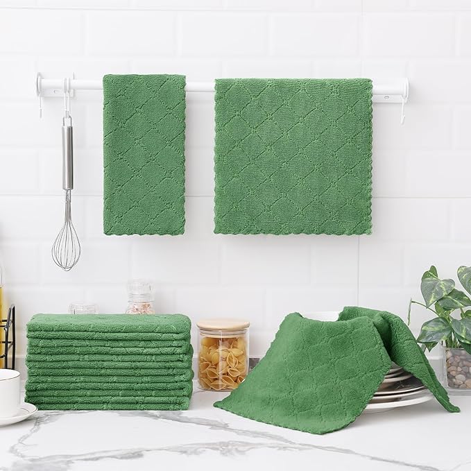 Homaxy 12 Pack Dish Towels for Kitchen (10 x 20 Inches, Grass Green), Super Soft and Absorbent Coral Velvet Dish Cloths for Washing Dishes, Nonstick Oil Fast Drying Microfiber Cleaning Cloth
