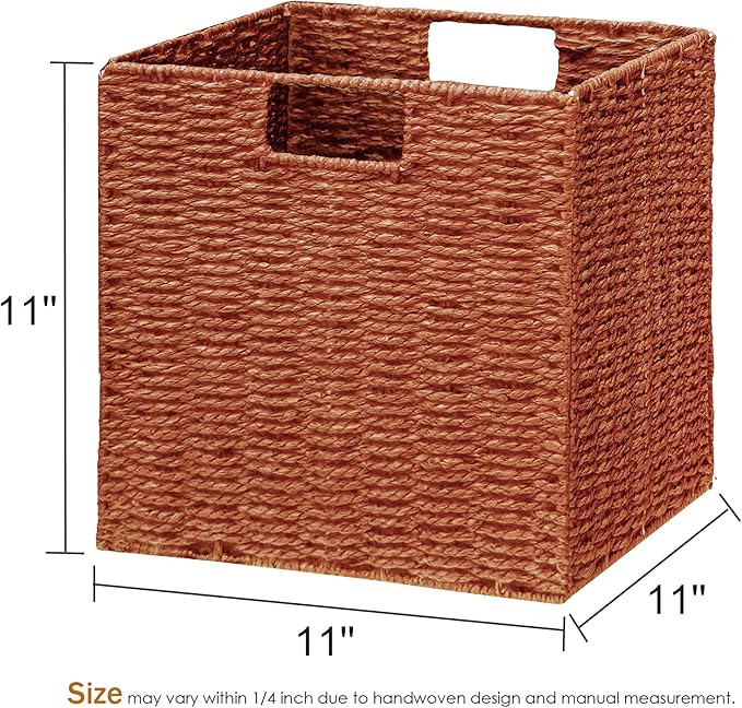 Vagusicc Wicker Storage Basket, Set of 2 Hand-Woven Paper Rope Wicker Baskets, Foldable Cube Storage Bins, 11 inch Storage Basket, Square Baskets for Organizing Shelves & Decor, Orange (11″×11″×11″)