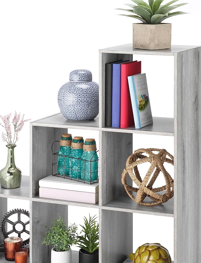 Whitmor 6 Cubes Bookshelf, Freestanding 6 Cube Stepped Etagere Bookcase, L Shaped Ladder Corner Open Bookshelf, Wood Storage Display Shelf for Living Room Home Office, 11.7"L x 35.6"W x 35.6"H, Gray