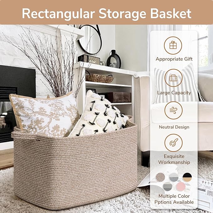 Goodpick Blanket Basket, Woven Baskets for Storage, Extra Large Storage Basket for Clothes, Toys, Dirty Clothes Basket for Laundry, Living Room, 23.6" x 15.7" x 13.8", Brown, 85L