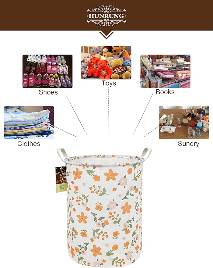 HUNRUNG Laundry Hamper,Large Canvas Fabric Lightweight Storage Basket Toy Organizer Dirty Clothes Collapsible Waterproof for College Dorms（Round-Orange Flower）