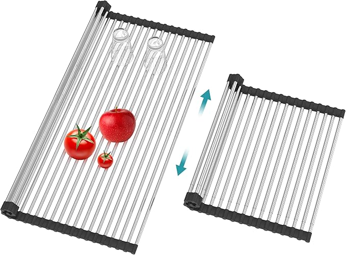 BBXTYLY Extra Large Expandable Roll Up Dish Drying Rack,Over The Sink Drying Rack Sink Cover Kitchen Sink Accessories Kitchen Rolling up Stainless Steel Drainer, Foldable,Rollable（Black，25.1''-17.3''）