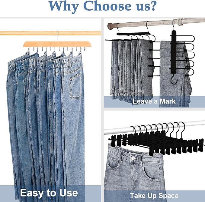 Jean Hangers for Closet, 14 Wood Jeans Hooks Space Saving, 180° Rotating Jean Hangers Holder for Skirts/Shorts/Belts/Ties, Closet Organizers and Storage, Pants Hooks for Jeans, 2 Pack, Natrual