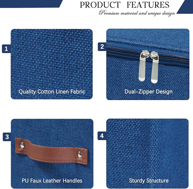 Storage Bins with Zipper Lid Foldable Fabric Lidded Storage Boxes Baskets Cubes Washable Collapsible PU Leather Handle Cotton Linen Shelves Closet Organizer Container(Dark Blue, Large Size)