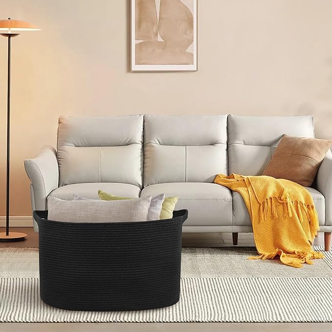 Extra Large Basket for Blankets, 23.6" x 17" x 12" Black Blanket Storage for Living Room, Big Cotton Rope Pillow Holder, Rectangle Kid Dog Toy Bin Box, Woven Laundry Basket, Shoe Bin Entryway