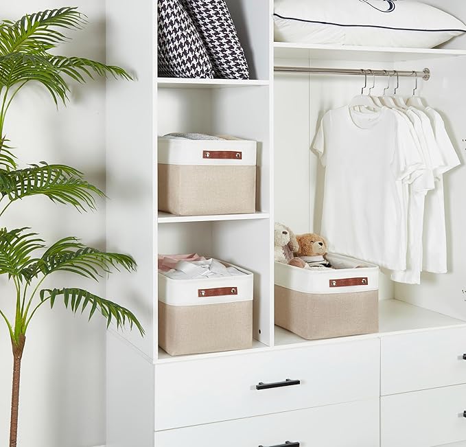 DECOMOMO Storage Baskets for Shelves - Fabric Storage Bins, Linen Closet Organizers and Storage (Beige & White, XL - 3 Pack)