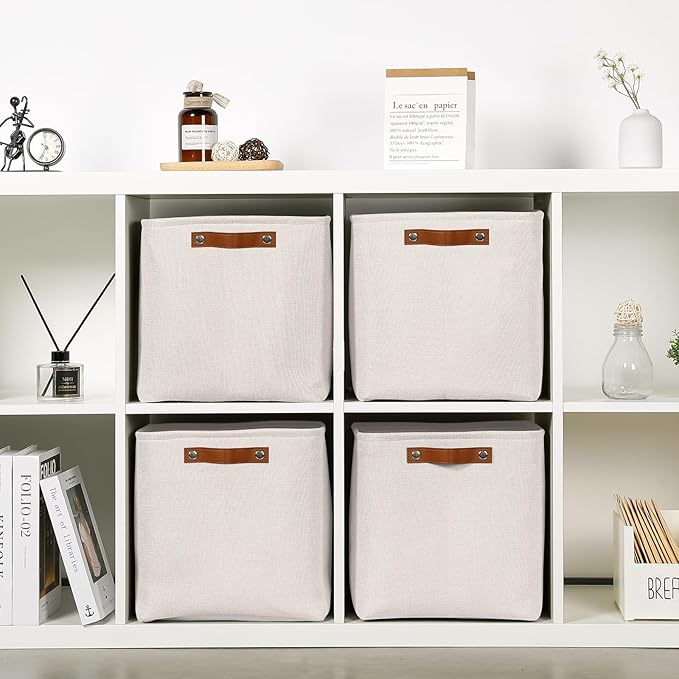 HNZIGE Foldable Cube Storage Bin(4 Pack) Storage Baskets for Shelves, Closet,12x12 Storage Cube Bins Baskets for Cube Organizer, Fabric Storage Cubes for Storage Home Organization with Handles(Cream)