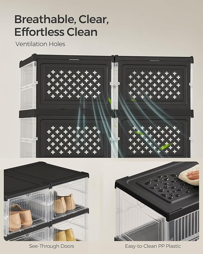 SONGMICS Foldable Shoe Boxes, Pack of 12 Stackable Shoe Storage Organizer, Set of 2 Integraed Shoe Cabinets, Portable, Fit up to US Size 13, 60s Assembly, Transparent and Ink Black ULSP206B01