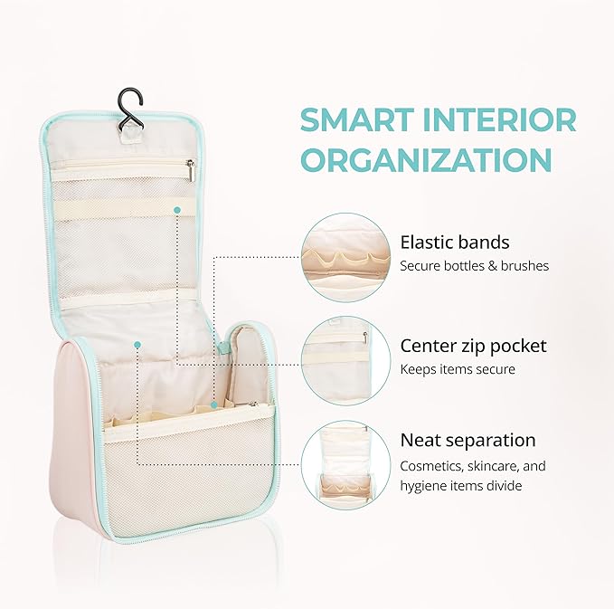 Tuck Hanging Toiletry Bag - Water-Resistant Travel Makeup Organizer with Spacious Compartments & Padded Handle for Women (Blush Petal & Mint) (Tuck Hanging Toiletry Bag)