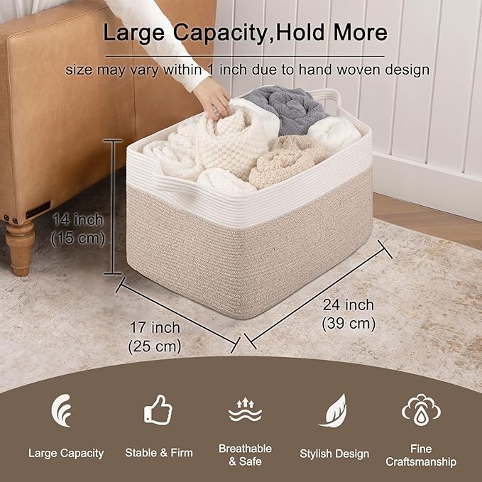 OIAHOMY Extra Large Blanket Basket, 95L Woven Storage Basket, Cotton Rope Toy Bin for Baby Room, Container for Storage in Living Room, 24''×17''×14'', Brown & White