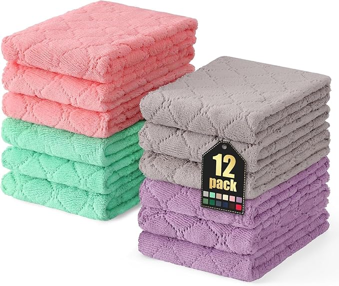 Homaxy 12 Pack Dish Towels for Kitchen (10 x 20 Inches, Multi Color), Super Soft and Absorbent Coral Velvet Dish Cloths for Washing Dishes, Nonstick Oil Fast Drying Microfiber Cleaning Cloth
