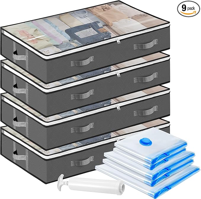 4 Pack Under Bed Storage Containers with Window and Handles, 5 Pack Vacuum Storage Bags for Clothes Comforters Blankets, Save Space