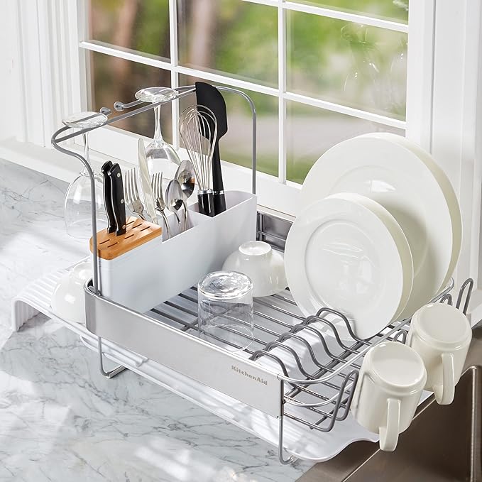 KitchenAid Full Size Compact to Full Capactiy Expandable Rust Resistant Dish Rack, with Self Draining Angled Drainboard and Removable Flatware Caddy, 24-Inch, White