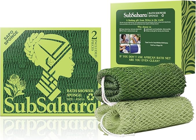 SubSahara Authentic African Net Sponge - 2 Pack Exfoliating Bath & Shower Loofah Sponge for Body & Face, Gentle Scrubber for All Skin Types, Travel, Durable (Olive Green & Light Green)