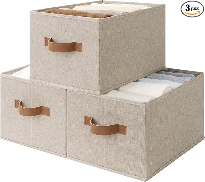 StorageWorks Foldable Storage Bins, Closet Organizer Bins for Clothes, Linen Closet Organizers and Storage, Shelf Baskets for Organization, Brown & Beige, 3-Pack, Large