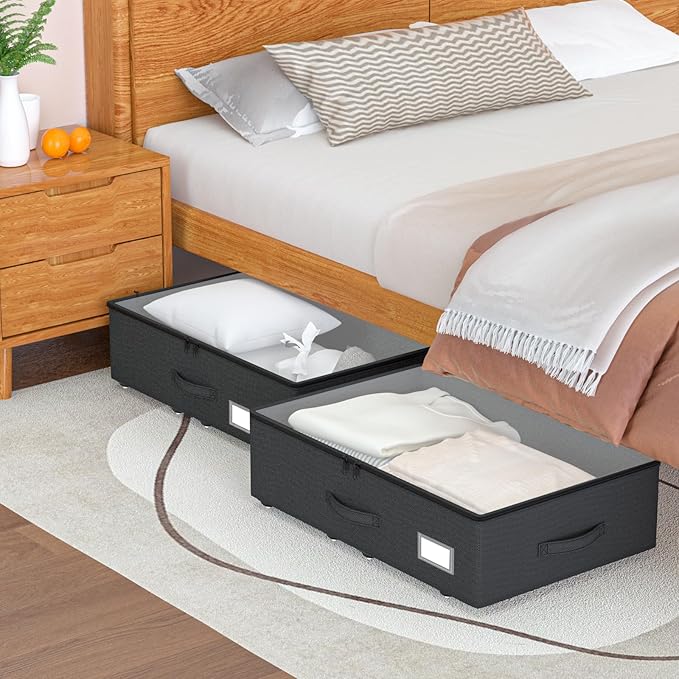 EE-RoomWorld Underbed Storage Bins with Wheels, No Assembly Required - 7.5 inch height Black Large Capacity Rolling Underbed Containers for Shoes, Dorm under bed storage drawers