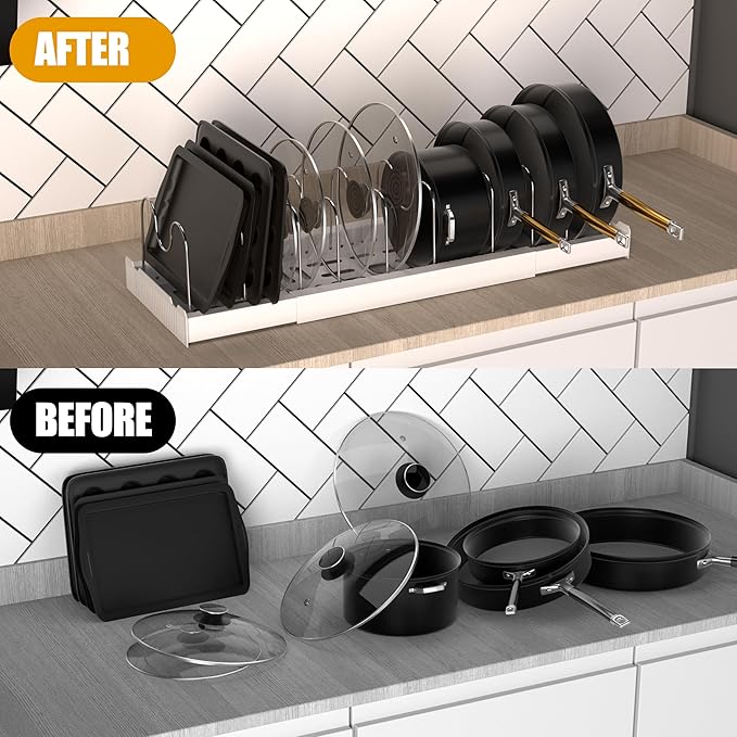 2 Pack Pots and Pans Organizer Racks Under Cabinet, Expandable Food Storage Container Lid Holder, Includes 20 Stainless Steel Racks & White Plastic Base, Perfect for Kitchens, Apartments & RVs
