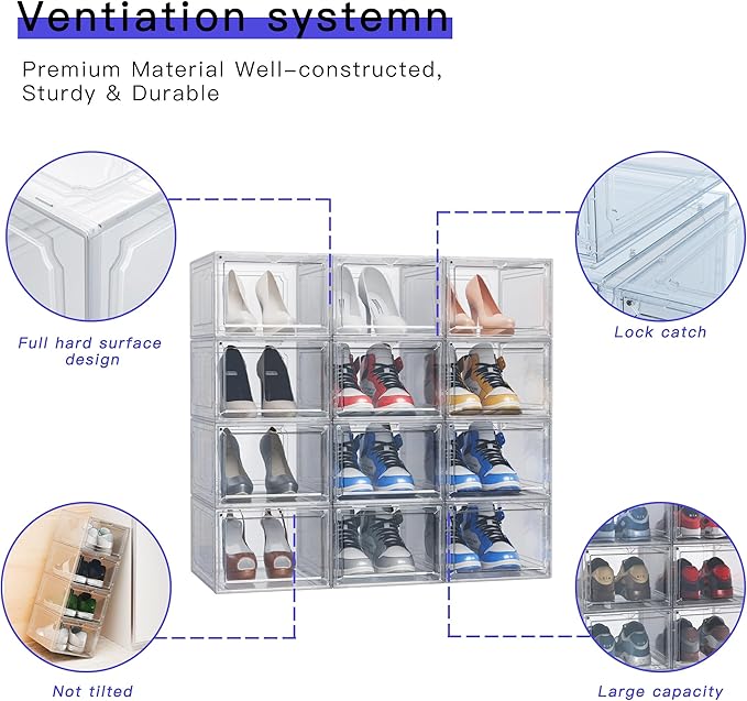 YIIHAA 12 Pack X Large Shoe Storage Box, hicken Sturdy Hard Plastic Clear Stackable Sneaker Shoe Rack for Size 12, Easy Assembly Storage Organizer, Holder Sneaker Container (Transparent, 6)