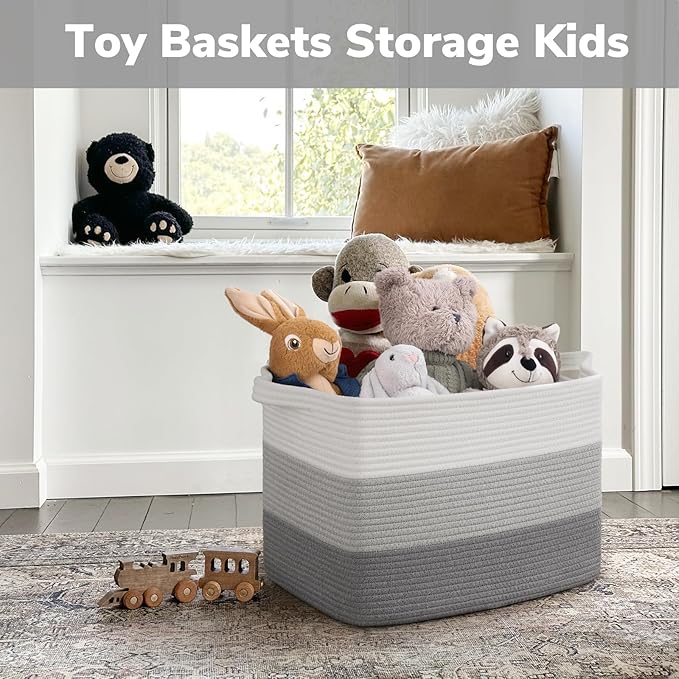 Goodpick Large Woven Basket, Rectangle Rope Storage Baskets for Organizing, Blanket Basket with Handles for Living Room, Nursery, Gradient Gray, 18 x 14 x 12 Inches