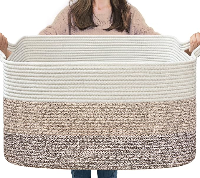 Goodpick Large Woven Storage Basket, 21.6" x 14.9" x 11.8" Rectangle Rope Baskets for Toy Storage, Blanket Basket for Living Room, Bedroom, Light Brown