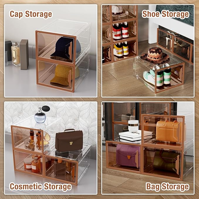X-Large Stackable Shoe Boxes - Clear Plastic Shoe Storage Boxes with Magnetic Door, Thicken Shoe Organizer for Closet, Space Saving Foldable Shoe Containers Bins for Sneaker Boot - 6 Pack(Brown)