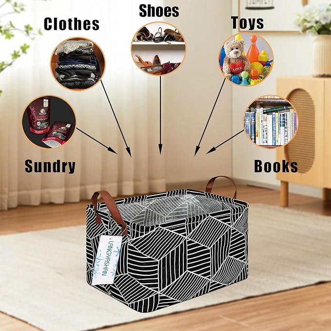 LANGYASHAN Rectangular Storage Bin Collapse Canvas Fabric Cartoon Storage Basket with Handles for Organizing Home Kitchen Boys and Girls Toys Office Closet Shelf Baskets (Black Diamond)