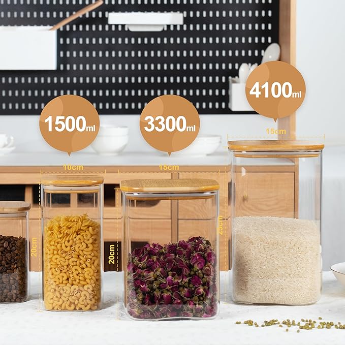D2scrma 156oz 52oz Airtight Glass Square Storage Canister with Bamboo Lid Set of 2(4600ml*1 1550ml*1) Large Gallon Glass Jars for Sugar, Flour, Cookies and Coffee beans (‎with Black Lable)