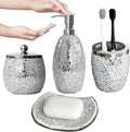 Escenzy Modern Silver Bathroom Accessories Sets 4 Pcs | Luxurious Soap Dispenser, Toothbrush Holder, Cotton Glass Jar, Soap Tray | Silver Bathroom Decor | Mosaic Glass Bathroom Accessories