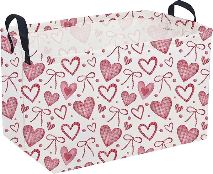 Sanjiaofeng Rectangular Valentine's Day Basket Love Storage Bins,Girls Storage Basket with Handles.Clothers,Books,Kid's Gifts Bins. (Bow Love)