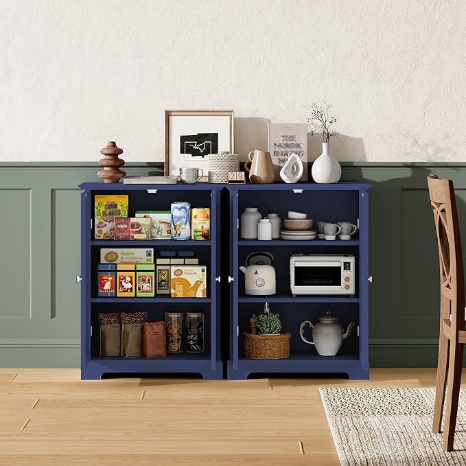 ChooChoo Bathroom Floor Cabinet, Modern Bathroom Storage Cabinet with 2 Doors and Adjustable Shelves, Freestanding Cupboard for Living Room, Blue