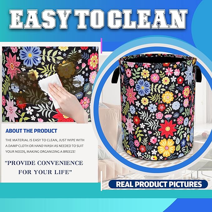 Colorful Folk Flowers Laundry Basket Oxford Cloth Floral Laundry Hamper With Handle Foldable Portable Clothes Storage Basket 18.9 X 16.5 In Storage Bag For Laundry Room/Bathroom/Bedroom/Dormitories