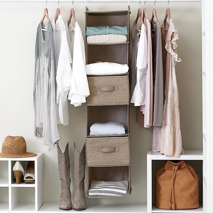Household Essentials 6 Shelf Hanging Closet Organizer, Hanging Closet Shelf, Fabric Poly Linen and PEVA Shelving