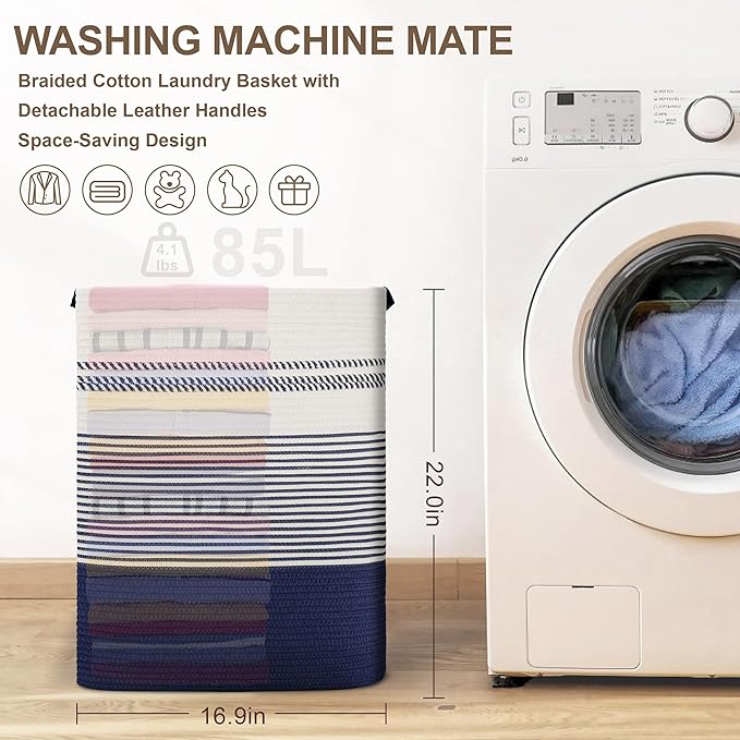 85L Tall Laundry Hamper with Handles for Living Room Storage, Extra Large Woven Rope Baskets Bin for Blanket, Kids Toy, Gifts, Wicker Hamper for Bedroom Dirty Clothes, 17"x14"x22" White Navy