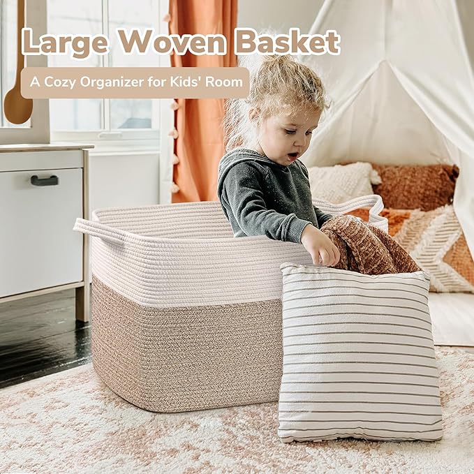 Goodpick Extra Large Woven Blanket Basket, 23.6" x 15.7" x 13.8" Storage Organizer for Blankets, Toys, Dirty Clothes, Rectangle Cotton Rope Basket for Living Room, Nursery, Bedroom