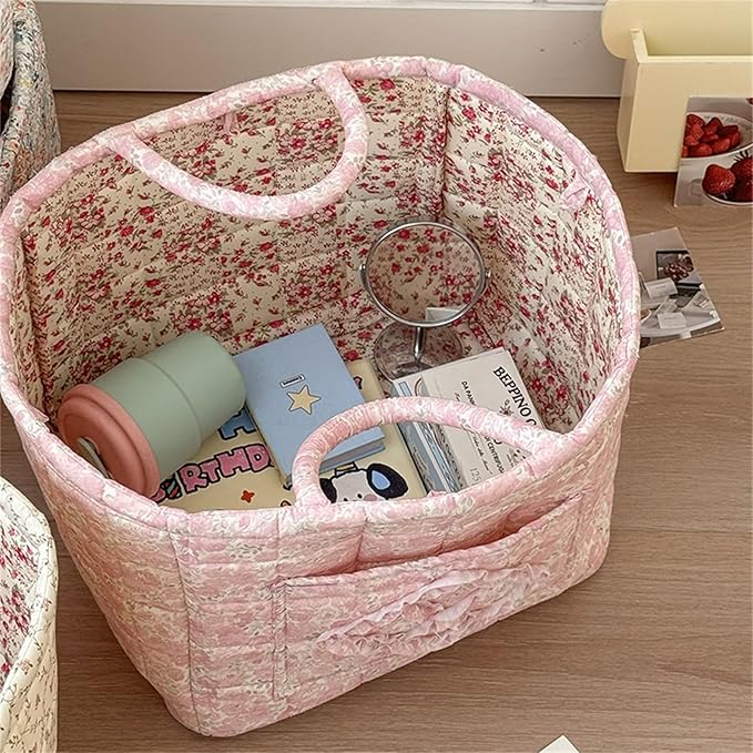 Quilted Fabric Storage Basket with Handles & Pocket, Foldable Laundry Hamper Boho Floral Print Organizer Bin for Home, Picnic, Office 12"x10"x10" (A-4)