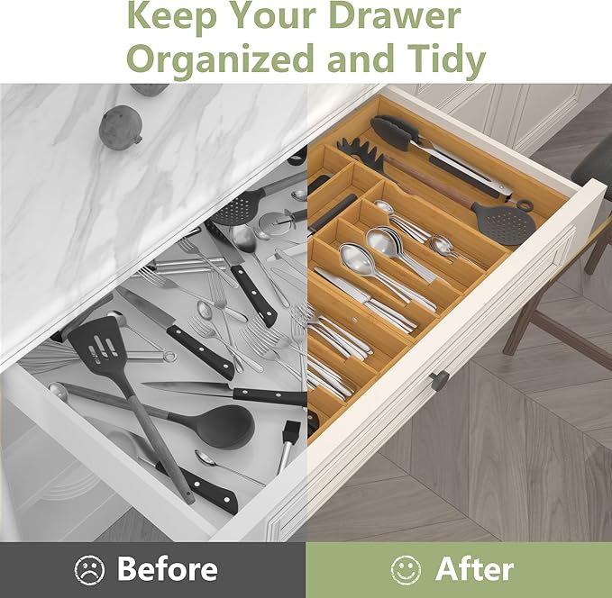 Suli Large Silverware Drawer Organizer，Adjustable Kitchen Flatware for Forks Knives and Spoons， Bamboo Cutlery Utensil Holder,Expandable from 22in-37in，Natural Bamboo
