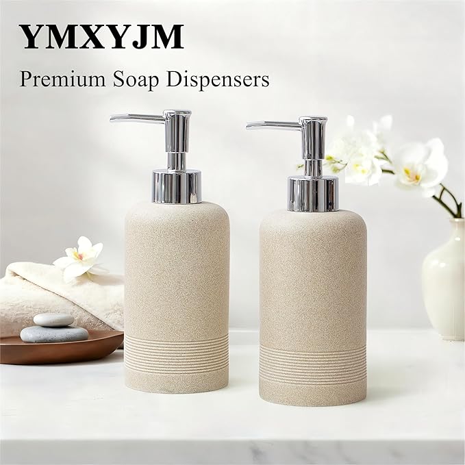 2pcs/Set Hand Soap Dispenser Sets - 10.8oz Refillable Resin Liquid Soap Dispensers with Rust-Proof Pump for Bathroom Countertop or Kitchen, Beige
