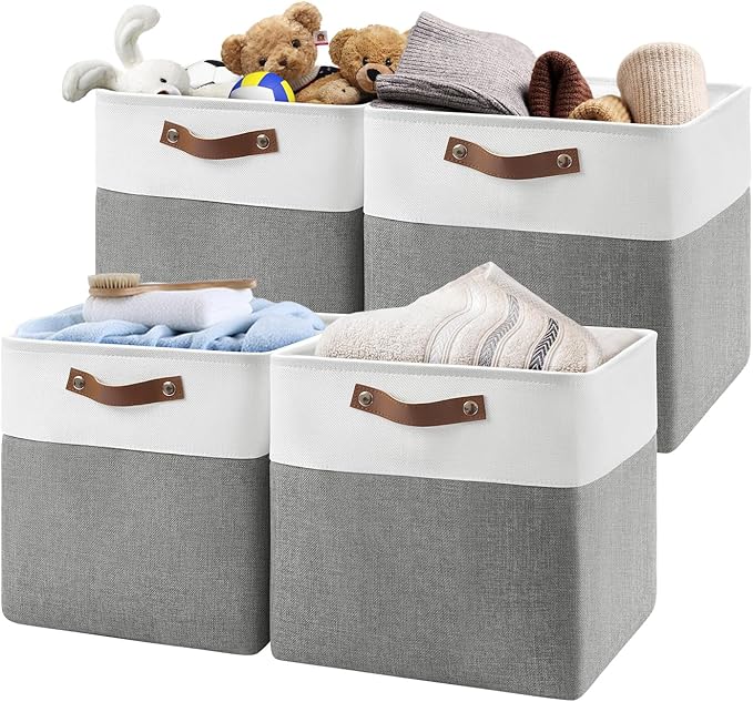 13 Inch Cube Storage Bins,Set of 4, Foldable Storage Basket with PU Handles for Organizing Home, Closet, Laundry, Office, Organizers for Shelves(White/Gray)