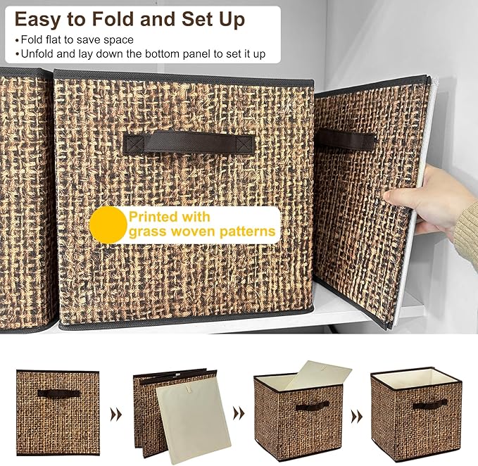 homyfort 12x12 Cube Storage Bins - Fabric Cubby Bins with Dual Handles, Collapsible Storage Organizer for Shelf, Closet, Nursery, Set of 6 （Not Rattan Weaving）