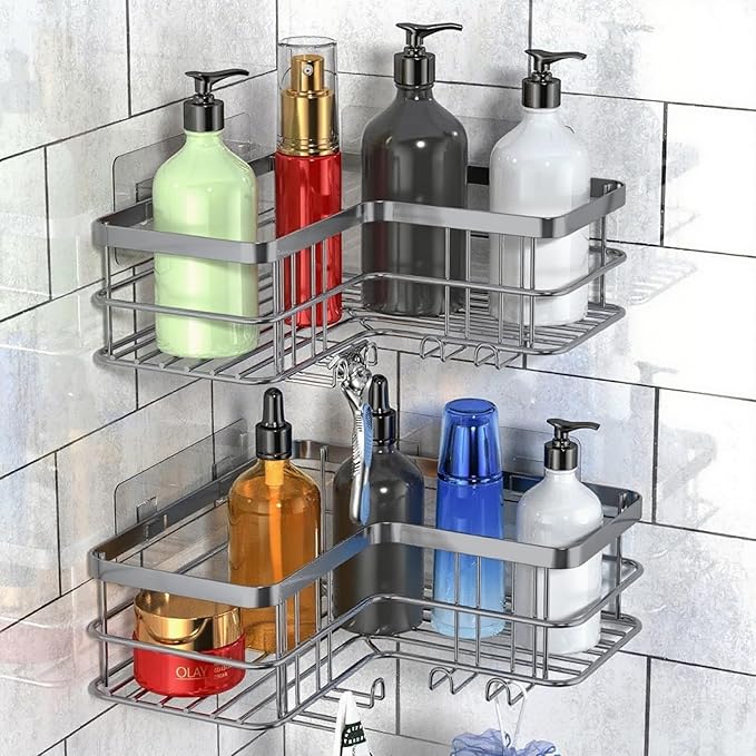 Yazoni Corner Shower Caddy, Adhesive Shower Shelves No Drilling [2-Pack], Rustproof Stainless Steel Bathroom Shower Organizer with 8 Hooks