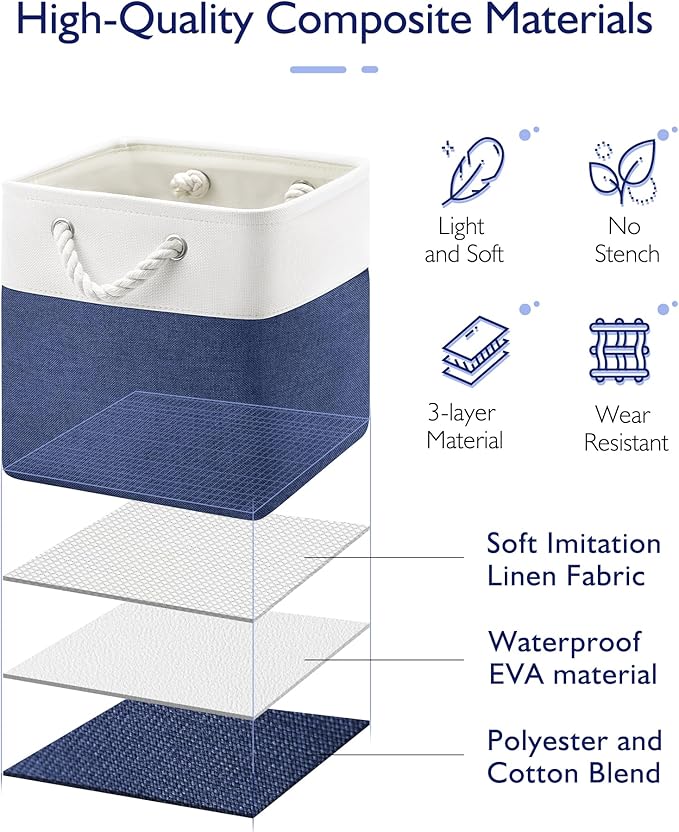 11 Inch Cube Storage Bins, 6 Pack Fabric Storage Cubes with Rope Handles, Organizer Baskets for Closet Shelves, Clothes and Home Organization(White/Blue)