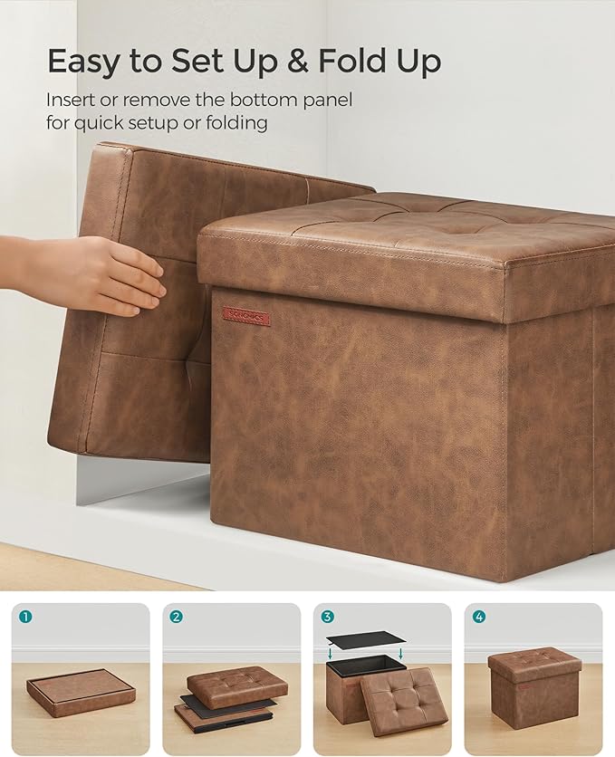 SONGMICS Small Folding Storage Ottoman, Foot Rest Stool, Cube Footrest, Synthetic Leather, 12.2 x 16.1 x 12.2 Inches, 286 lb Capacity, for Living Room, Bedroom, Dorm, Coffee Brown ULSF100K01