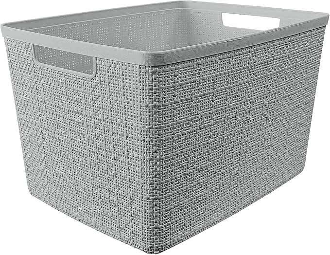 Curver Set of 4 Jute Large Decorative Plastic Organization and Storage Baskets, Perfect Bins for Home Office, Closet Shelves, Kitchen Pantry and All Bedroom Essentials, Grey