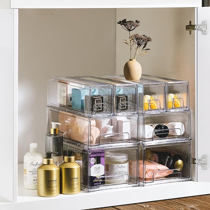 Sorbus Small Wide Clear Storage Drawers (6 Pack) – Stackable Storage Drawers for Pantry, Fridge, or Cabinet – Slide Out Clear Bins with Handles for Organizing