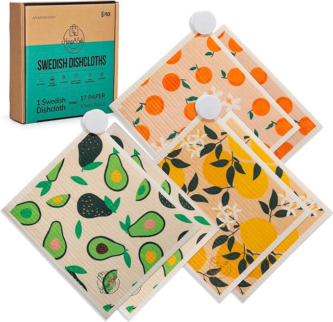 Harps&Seb Swedish Dishcloths for Kitchen Dishcloths - 6 Pack, Reusable Paper Towels with Clips, Super Absorbent Washable Non-Scratch Swedish Dish Towels, No Odor, Biodegradable