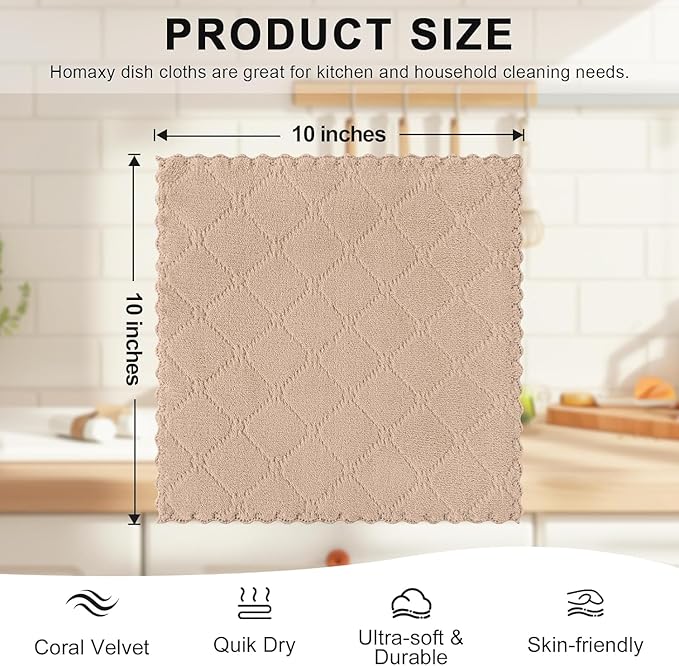 Homaxy 18 Pack Kitchen Dish Cloths (10 x 10 Inches, Tan), Super Soft and Absorbent Coral Velvet Dish Towels, Nonstick Oil Fast Drying Microfiber Cleaning Cloth, No Lint Household Dishcloths