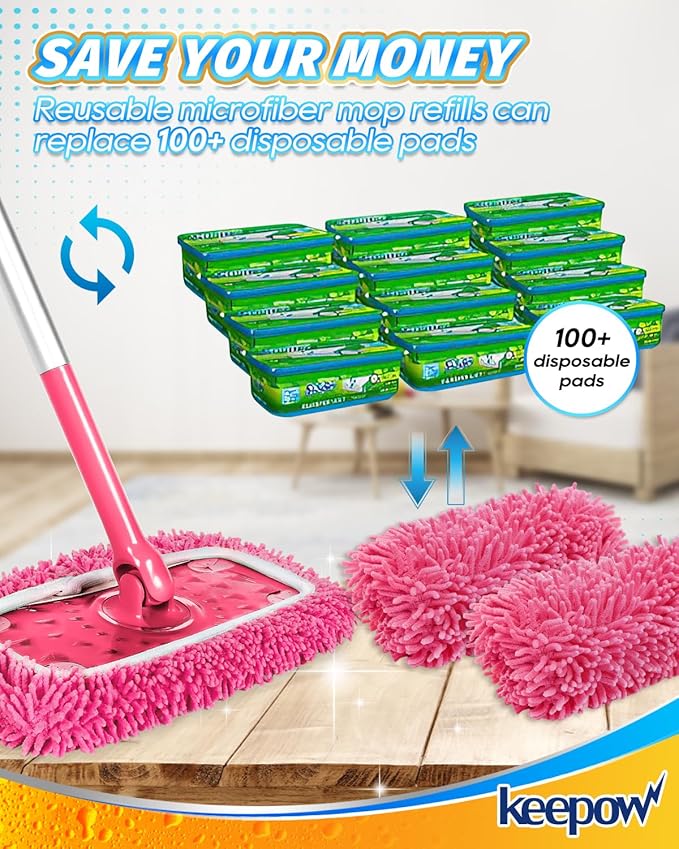 Reusable Microfiber Mop Pads Compatible with Swiffer Pink Sweeper- 2 Pack Pink Dry Sweeping Cloths & Wet Mopping Cloths - Washable Wet Pads Refill for Mopping Floors (Mop is not Included)