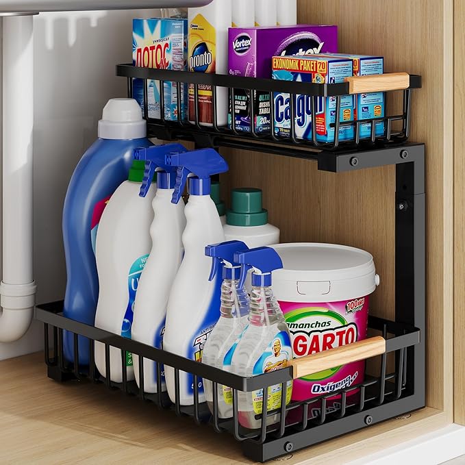 Under Sink Organizer Storage for Families: Pull Out Storage Undersink Organizers Drawer Cabinet - Sliding 2 Tier Rack Metal Organization Under Counter Kitchen Bathroom for Homemakers(Black,1 Pack)